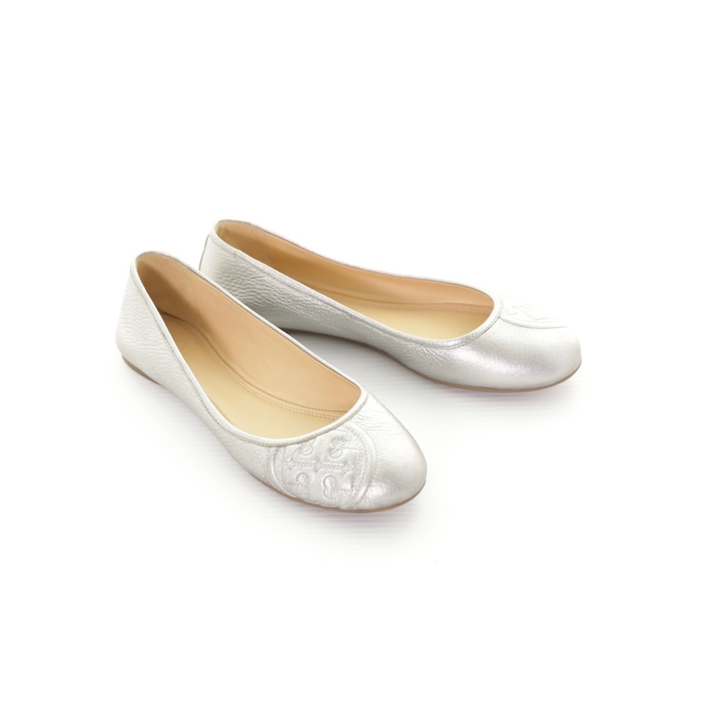 Tory Burch Ruby Ballet Flats Silver Metallic Pebbled Leather Slip On Womens 8.5M